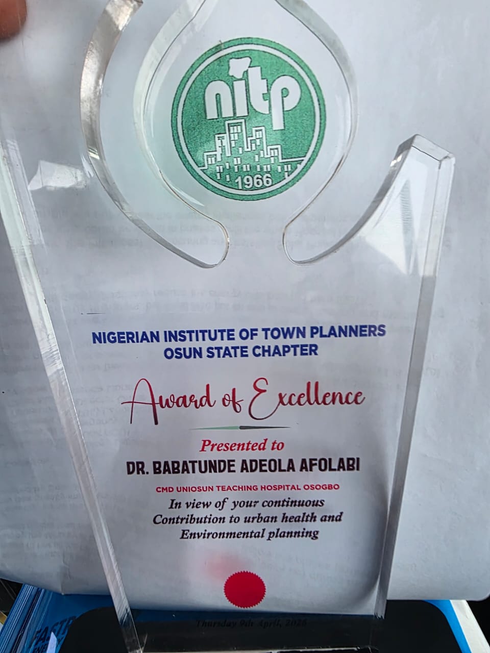 CMD UTHO, Dr. Babatunde Afolabi, Honoured with Award of Excellence for Visionary Leadership